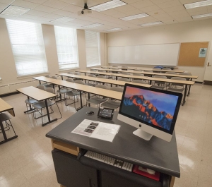 Classroom 201 empty, tables and chairs