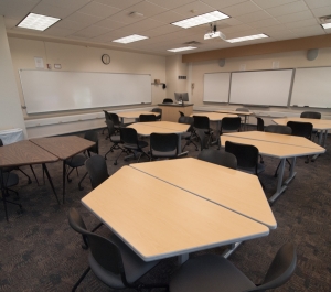 Classroom 214A, hexagon tables with chairs