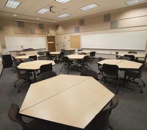 Classroom 428, hexagon tables with chairs