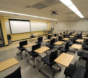 Classroom 173 empty, individual desks with chairs